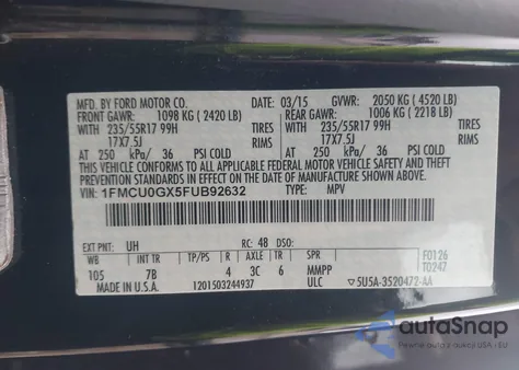 2015 Ford Escape Se z USA, uszkodzony, nr VIN 1FMCU0GX5FUB92632